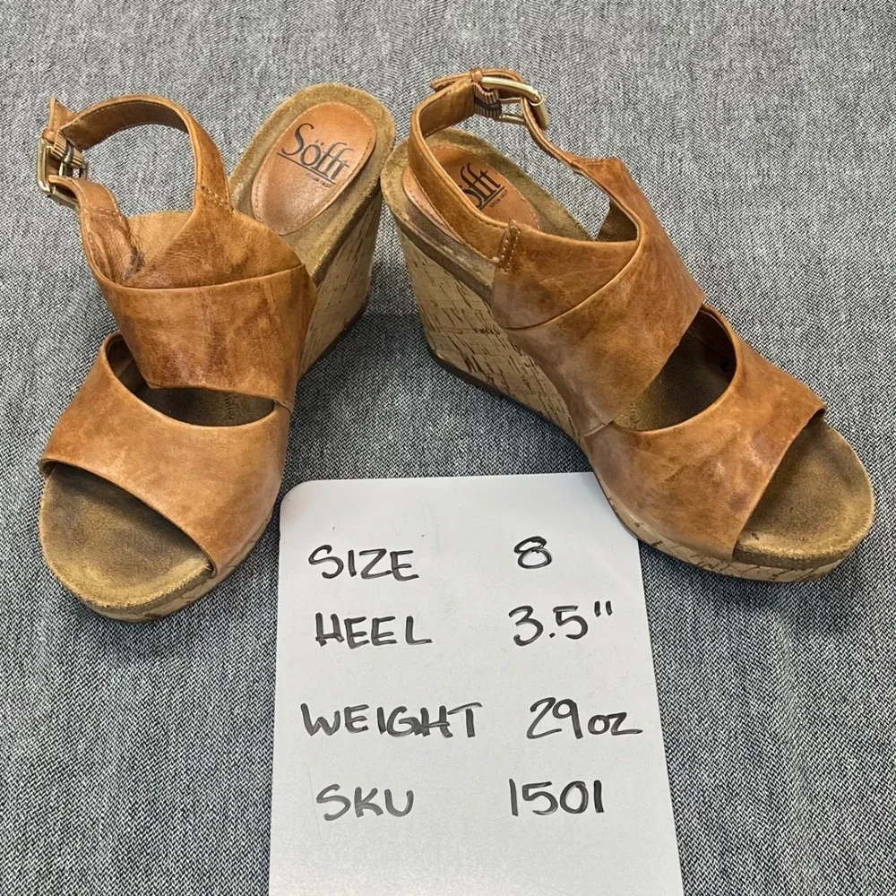 Sofft Women's Tan Brown Leather Cork Wedge Sandals Summer Size‎ 8M